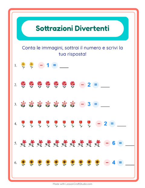 Anteprima della scheda di Sottrazione con Fiori per Scuola dell'infanzia (5-7 anni)