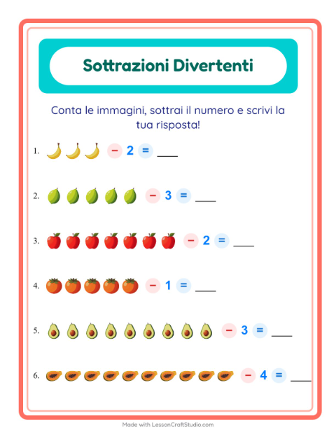 Anteprima della scheda di Sottrazione con Frutta per Scuola dell'infanzia (5-7 anni)