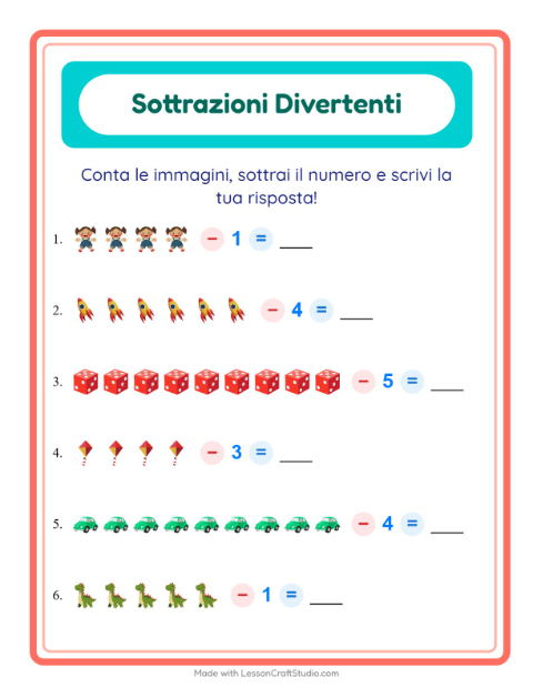 Anteprima della scheda di Sottrazione con Giocattoli per Scuola dell'infanzia (5-7 anni)