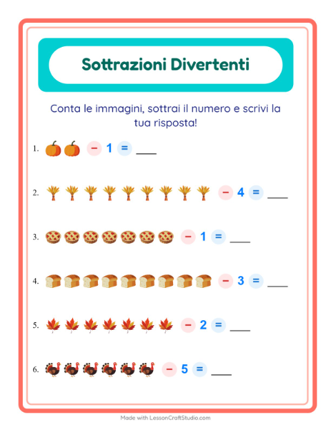 Anteprima della scheda di Sottrazione con Giorno del Ringraziamento per Scuola dell'infanzia (5-7 anni)