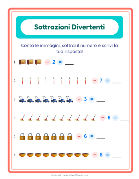 Anteprima della scheda di Sottrazione con In giro per casa per Scuola dell'infanzia (5-7 anni)