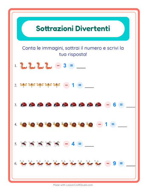 Anteprima della scheda di Sottrazione con Insetti e scarafaggi per Scuola dell'infanzia (5-7 anni)