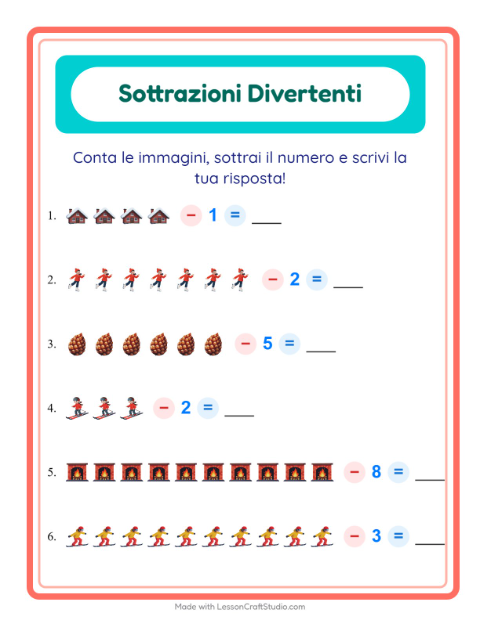 Anteprima della scheda di Sottrazione con Inverno per Scuola dell'infanzia (5-7 anni)