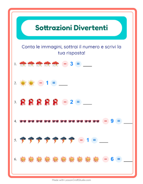 Anteprima della scheda di Sottrazione con Meteo per Scuola dell'infanzia (5-7 anni)