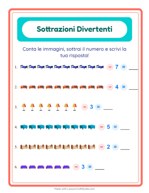 Anteprima della scheda di Sottrazione con Mobili per Scuola dell'infanzia (5-7 anni)