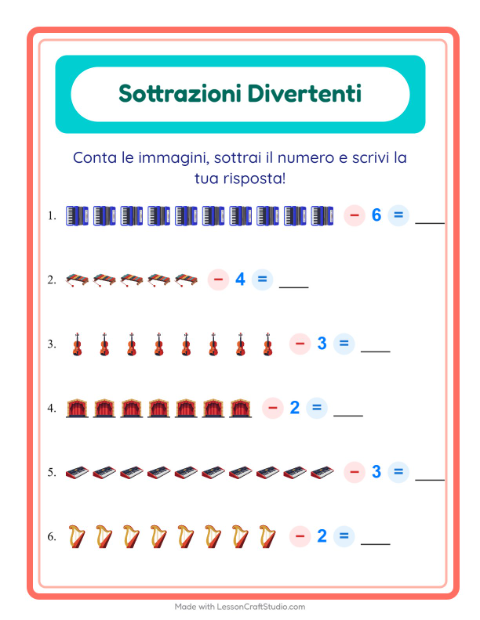 Anteprima della scheda di Sottrazione con Musica per Scuola dell'infanzia (5-7 anni)