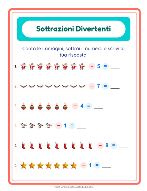 Anteprima della scheda di Sottrazione con Natale per Scuola dell'infanzia (5-7 anni)