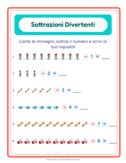 Anteprima della scheda di Sottrazione con Ospedale per Scuola dell'infanzia (5-7 anni)