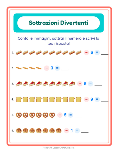 Anteprima della scheda di Sottrazione con Panetteria per Scuola dell'infanzia (5-7 anni)