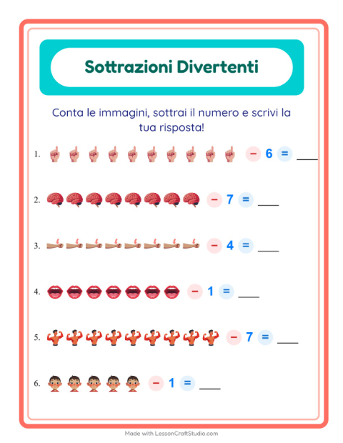 Anteprima della scheda di Sottrazione con Parti del corpo per Scuola dell'infanzia (5-7 anni)