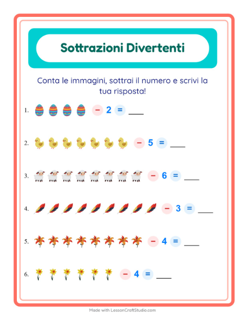 Anteprima della scheda di Sottrazione con Pasqua per Scuola dell'infanzia (5-7 anni)