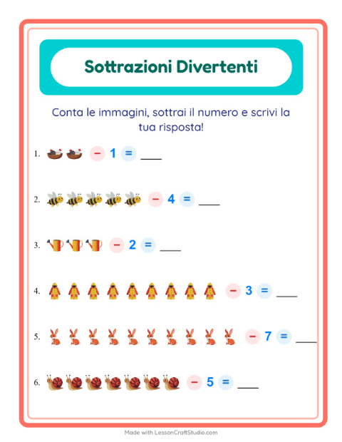 Anteprima della scheda di Sottrazione con Primavera per Scuola dell'infanzia (5-7 anni)
