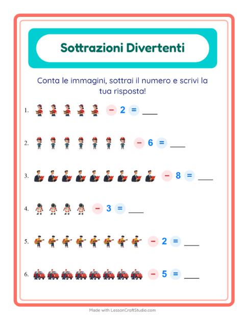Anteprima della scheda di Sottrazione con Professioni per Scuola dell'infanzia (5-7 anni)