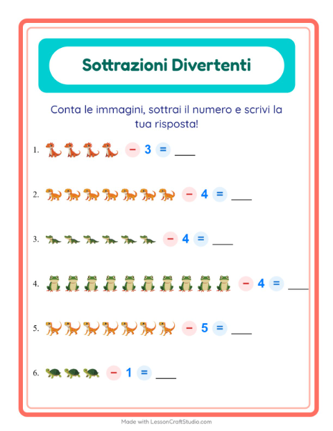 Anteprima della scheda di Sottrazione con Rettili e anfibi per Scuola dell'infanzia (5-7 anni)