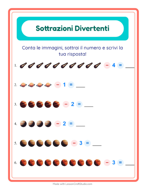 Anteprima della scheda di Sottrazione con Spazio per Scuola dell'infanzia (5-7 anni)