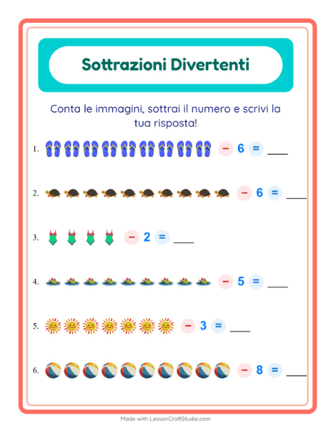 Anteprima della scheda di Sottrazione con Spiaggia per Scuola dell'infanzia (5-7 anni)