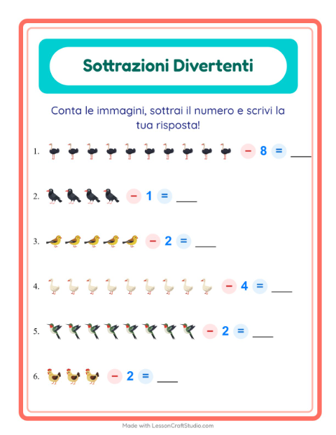 Anteprima della scheda di Sottrazione con Uccelli 2 per Scuola dell'infanzia (5-7 anni)