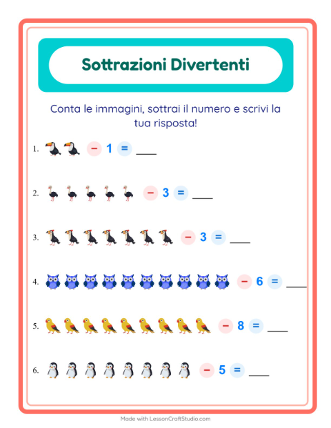 Anteprima della scheda di Sottrazione con Uccelli per Scuola dell'infanzia (5-7 anni)