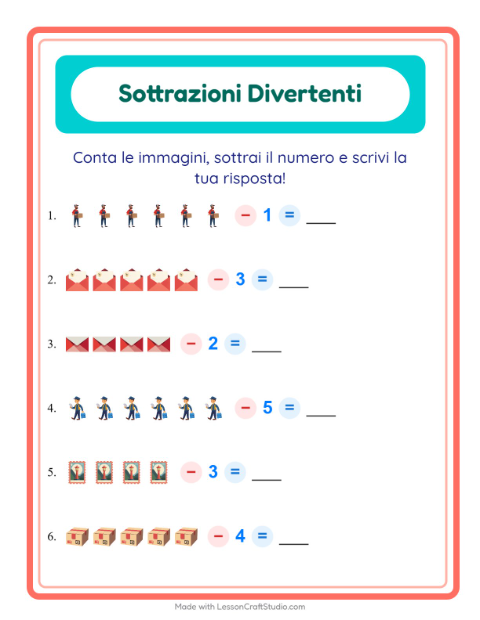 Anteprima della scheda di Sottrazione con Ufficio postale per Scuola dell'infanzia (5-7 anni)