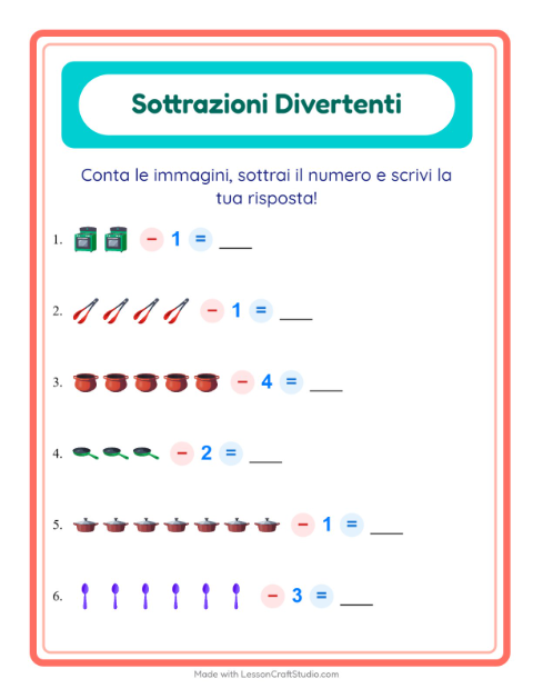 Anteprima della scheda di Sottrazione con Utensili da cucina per Scuola dell'infanzia (5-7 anni)