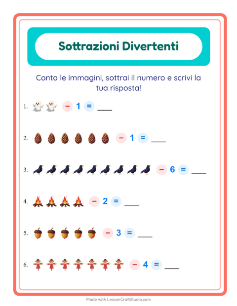 Anteprima della scheda di Sottrazione con Varie per Scuola dell'infanzia (5-7 anni)