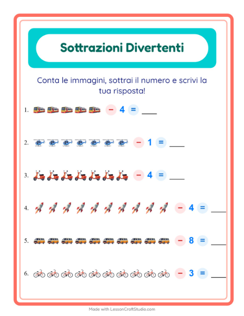 Anteprima della scheda di Sottrazione con Veicoli per Scuola dell'infanzia (5-7 anni)