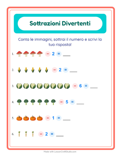 Anteprima della scheda di Sottrazione con Verdure per Scuola dell'infanzia (5-7 anni)