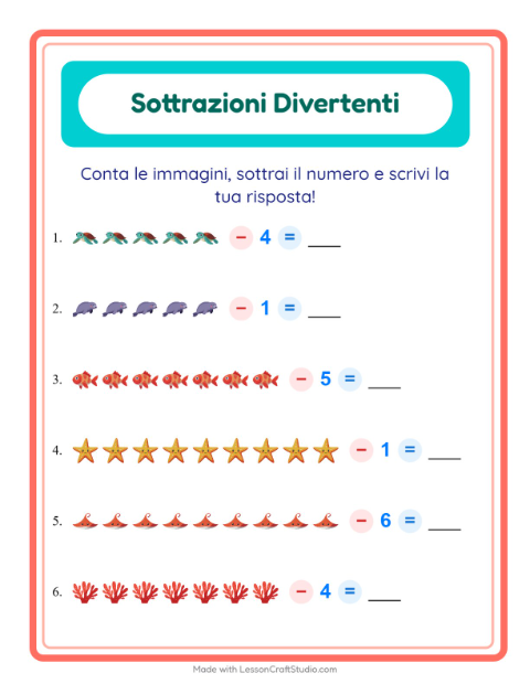 Anteprima della scheda di Sottrazione con Vita oceanica per Scuola dell'infanzia (5-7 anni)