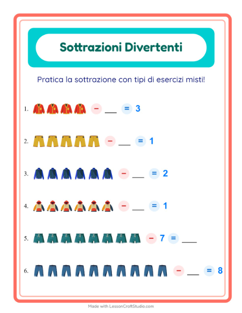 Anteprima della scheda di Sottrazione con Abbigliamento per Scuola dell'infanzia (5-7 anni)