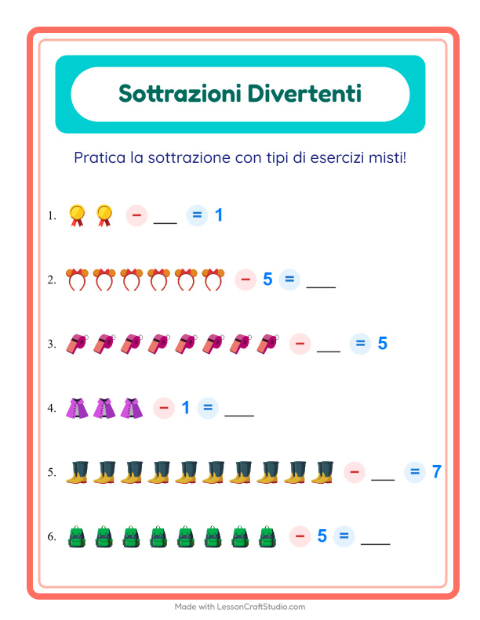 Anteprima della scheda di Sottrazione con Accessori per Scuola dell'infanzia (5-7 anni)