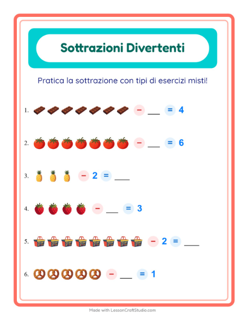 Anteprima della scheda di Sottrazione con Al supermercato per Scuola dell'infanzia (5-7 anni)