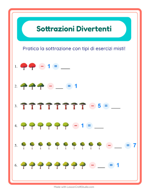 Anteprima della scheda di Sottrazione con Alberi per Scuola dell'infanzia (5-7 anni)