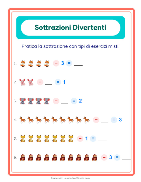 Anteprima della scheda di Sottrazione con Animali per Scuola dell'infanzia (5-7 anni)