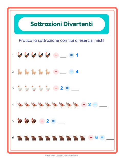 Anteprima della scheda di Sottrazione con Animali della fattoria per Scuola dell'infanzia (5-7 anni)