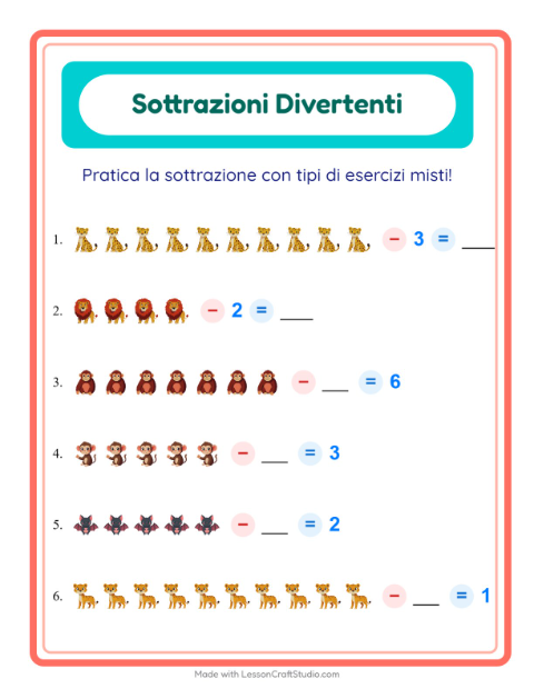 Anteprima della scheda di Sottrazione con Animali dello zoo per Scuola dell'infanzia (5-7 anni)