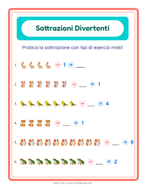 Anteprima della scheda di Sottrazione con Animali domestici per Scuola dell'infanzia (5-7 anni)