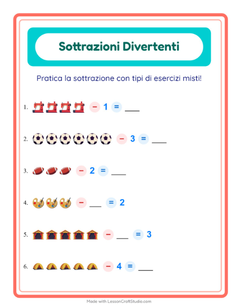 Anteprima della scheda di Sottrazione con Attività per Scuola dell'infanzia (5-7 anni)
