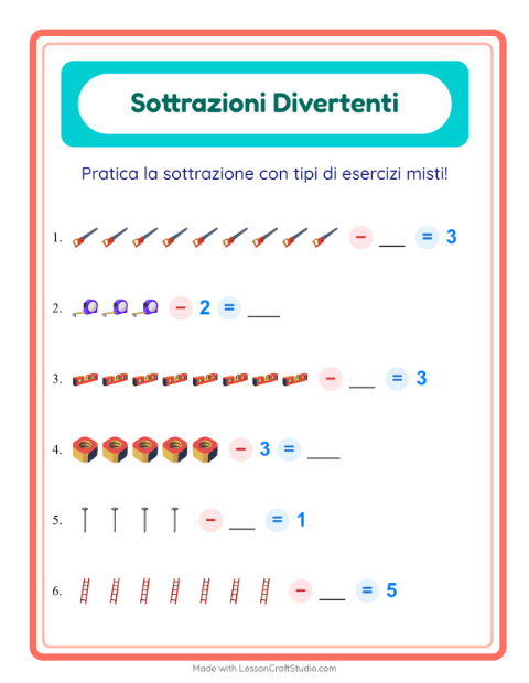 Anteprima della scheda di Sottrazione con Attrezzi per Scuola dell'infanzia (5-7 anni)