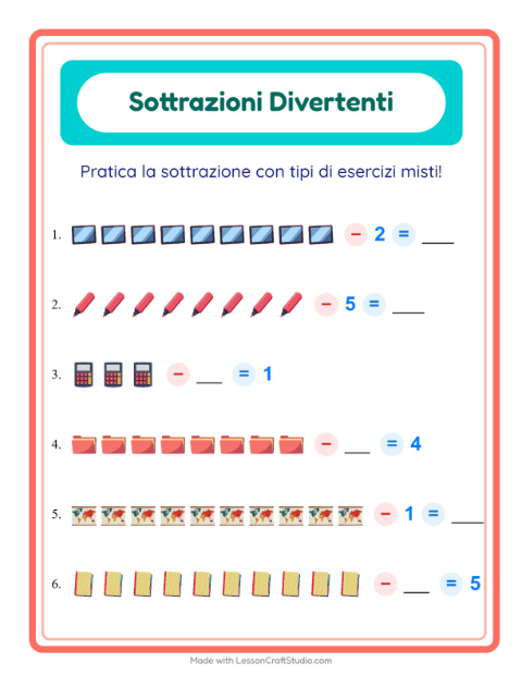 Anteprima della scheda di Sottrazione con Aula per Scuola dell'infanzia (5-7 anni)