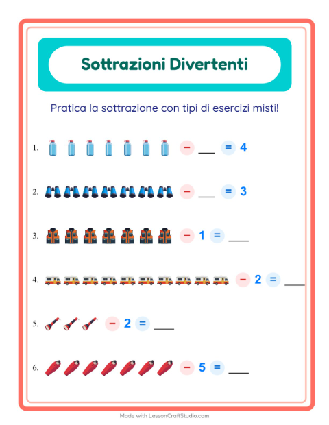 Anteprima della scheda di Sottrazione con Campeggio per Scuola dell'infanzia (5-7 anni)