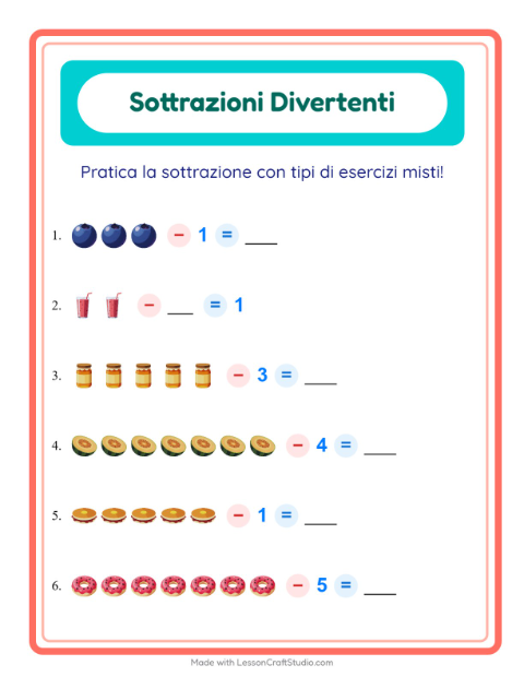 Anteprima della scheda di Sottrazione con Colazione per Scuola dell'infanzia (5-7 anni)