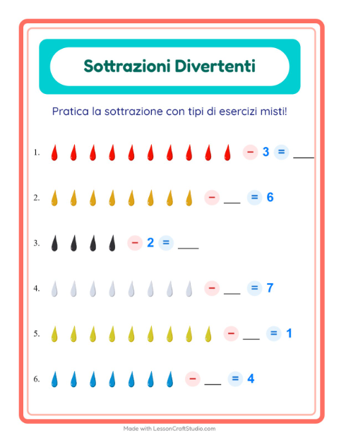 Anteprima della scheda di Sottrazione con Colori per Scuola dell'infanzia (5-7 anni)