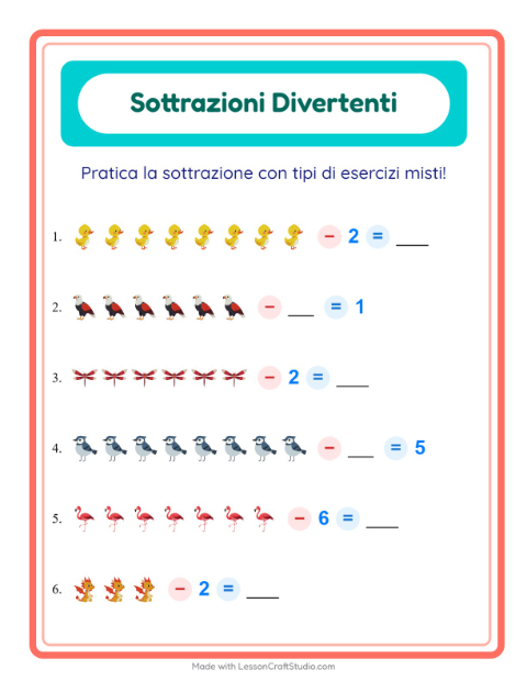 Anteprima della scheda di Sottrazione con Cose che volano per Scuola dell'infanzia (5-7 anni)