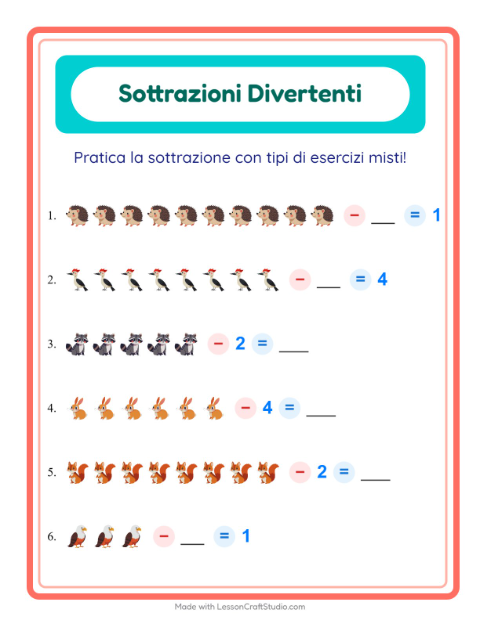 Anteprima della scheda di Sottrazione con Creature della foresta per Scuola dell'infanzia (5-7 anni)