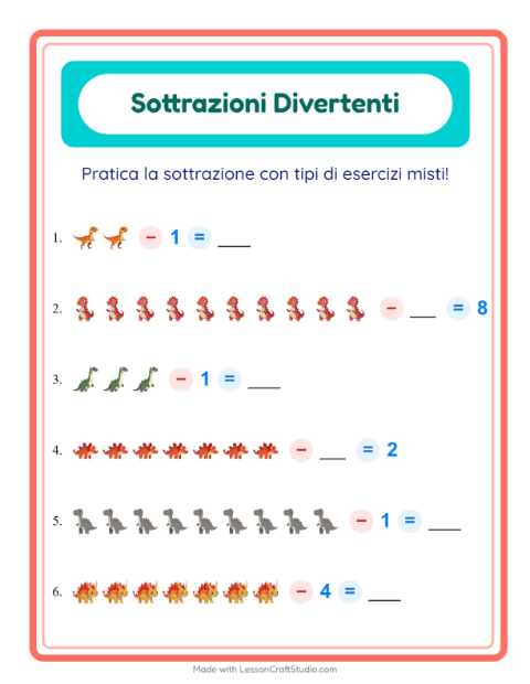Anteprima della scheda di Sottrazione con Dinosauri per Scuola dell'infanzia (5-7 anni)