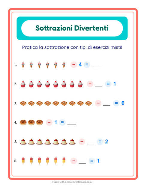 Anteprima della scheda di Sottrazione con Dolci e dolciumi per Scuola dell'infanzia (5-7 anni)