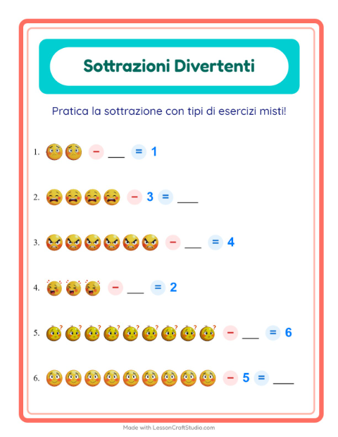 Anteprima della scheda di Sottrazione con Emozioni per Scuola dell'infanzia (5-7 anni)