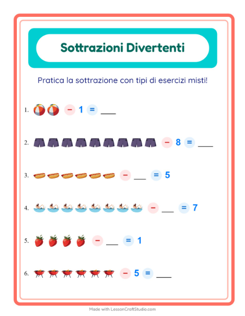 Anteprima della scheda di Sottrazione con Estate per Scuola dell'infanzia (5-7 anni)