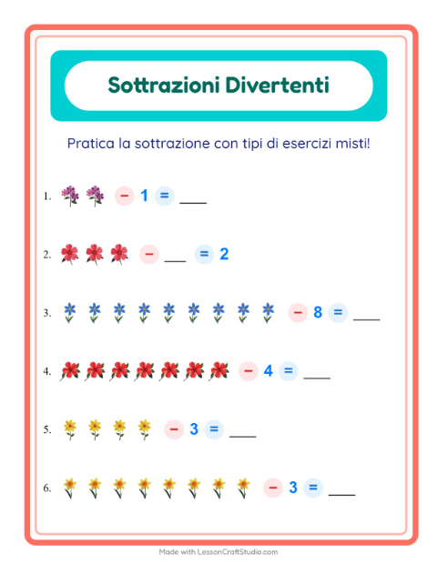Anteprima della scheda di Sottrazione con Fiori per Scuola dell'infanzia (5-7 anni)