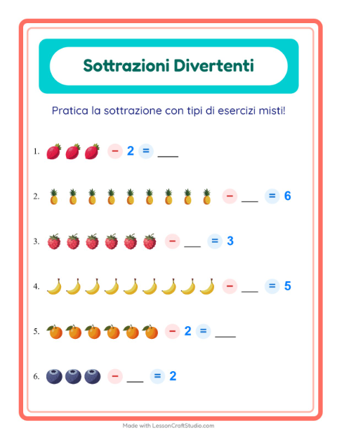 Anteprima della scheda di Sottrazione con Frutta per Scuola dell'infanzia (5-7 anni)